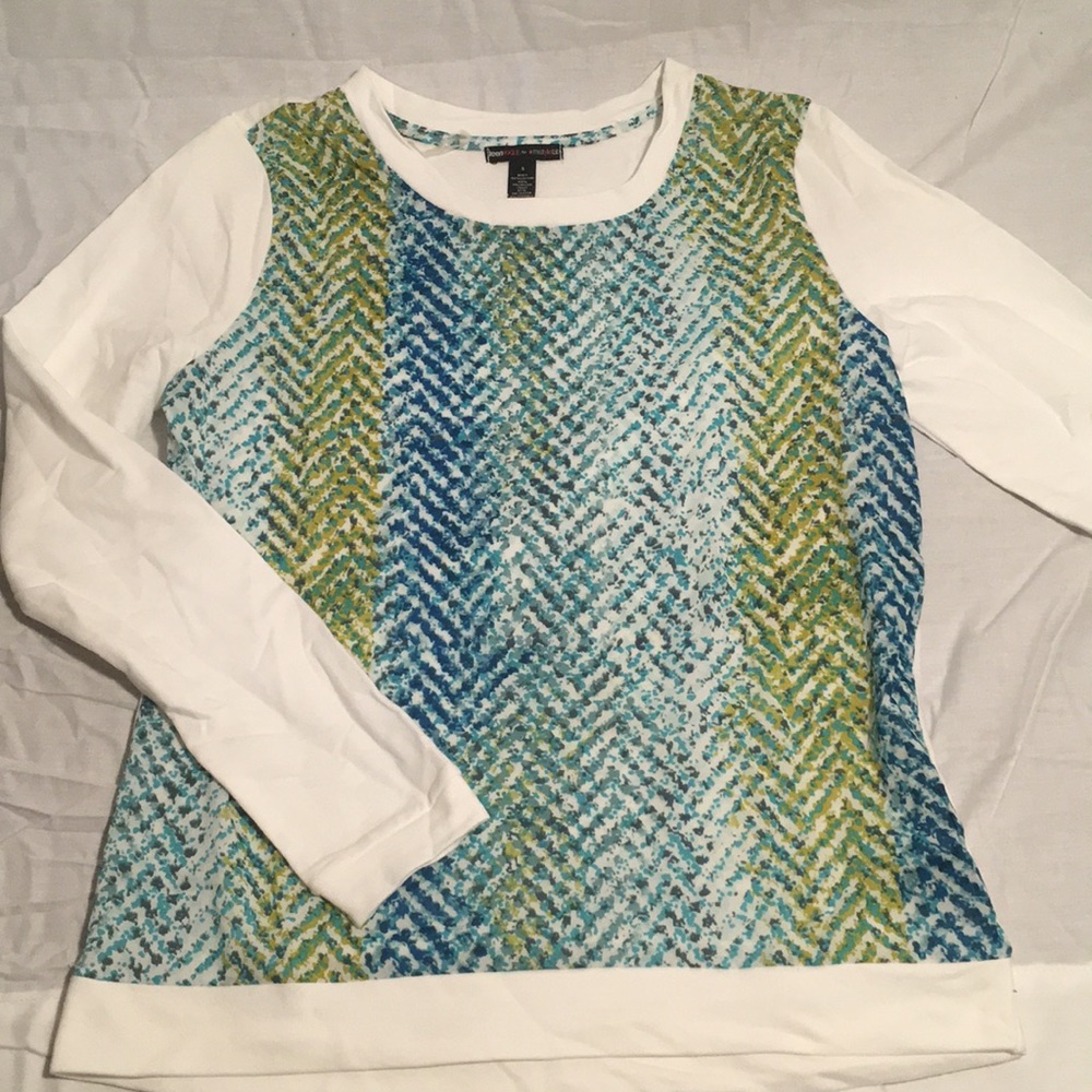 White blue green long sleeve shirt